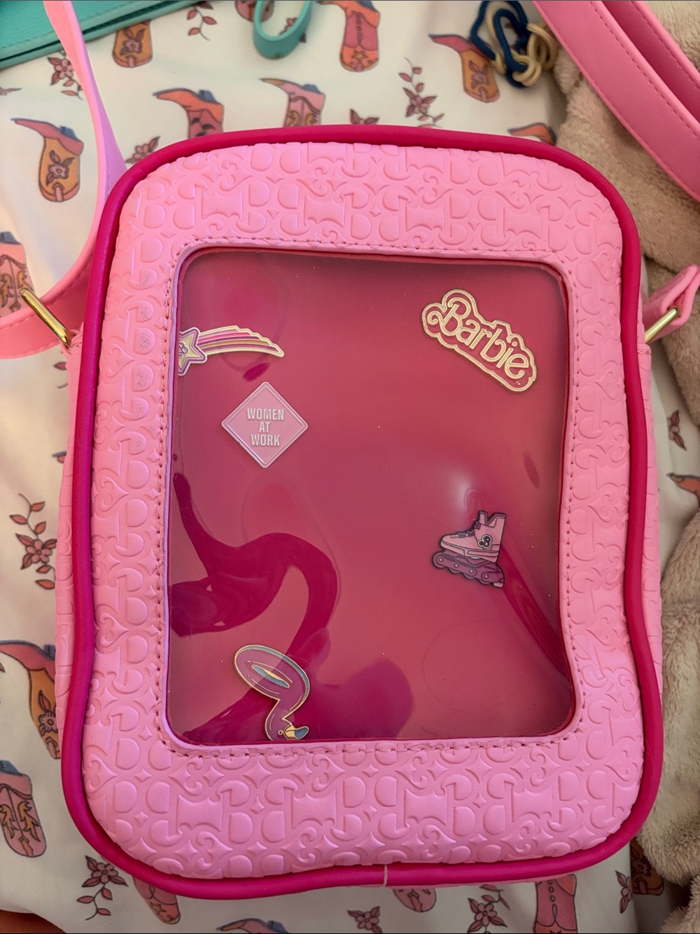 Barbie Our Universe Pink Embossed Crossbody with Gold Logo Plaque